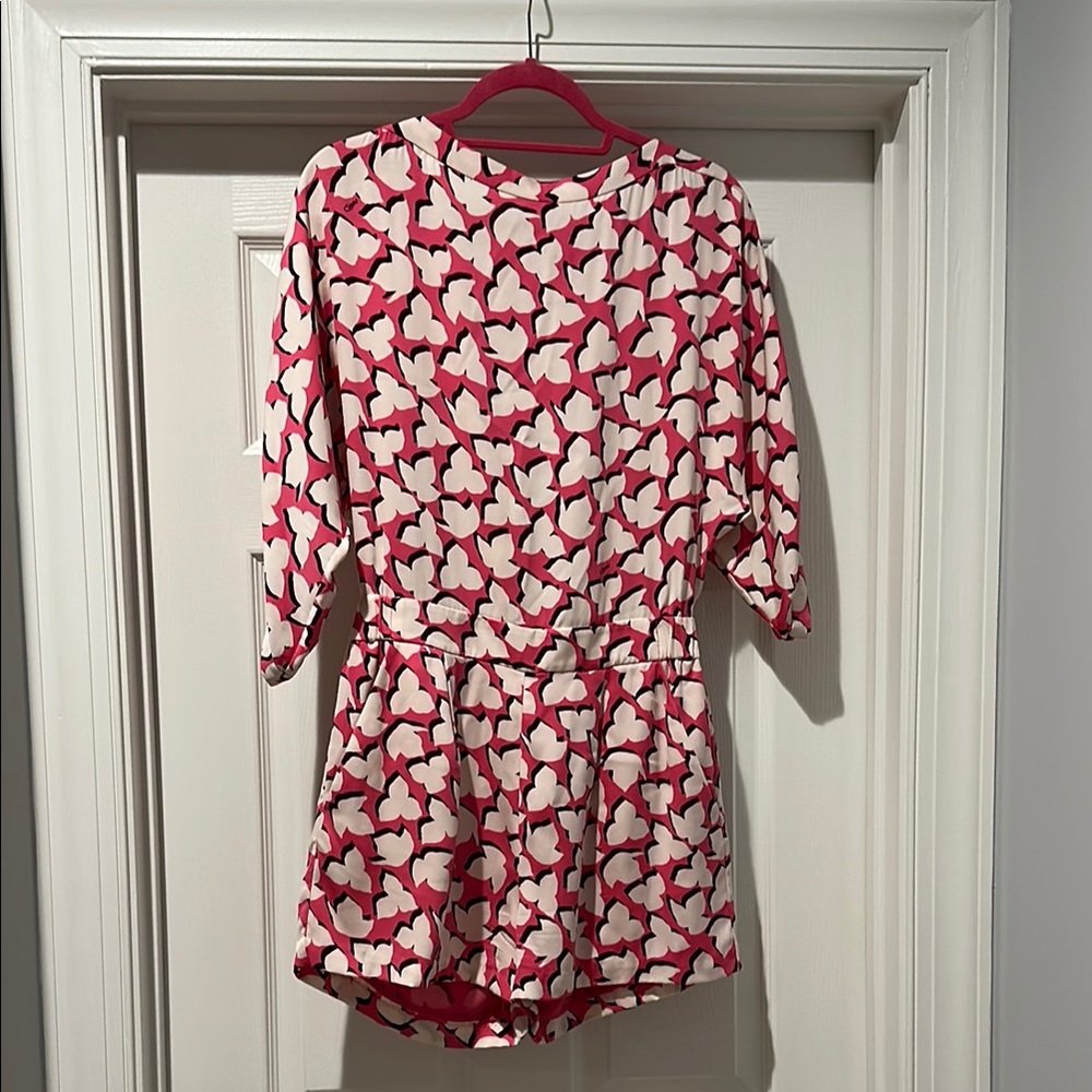 Diane VonFurstenburg Pink and White Leaf Print Romper shorts
